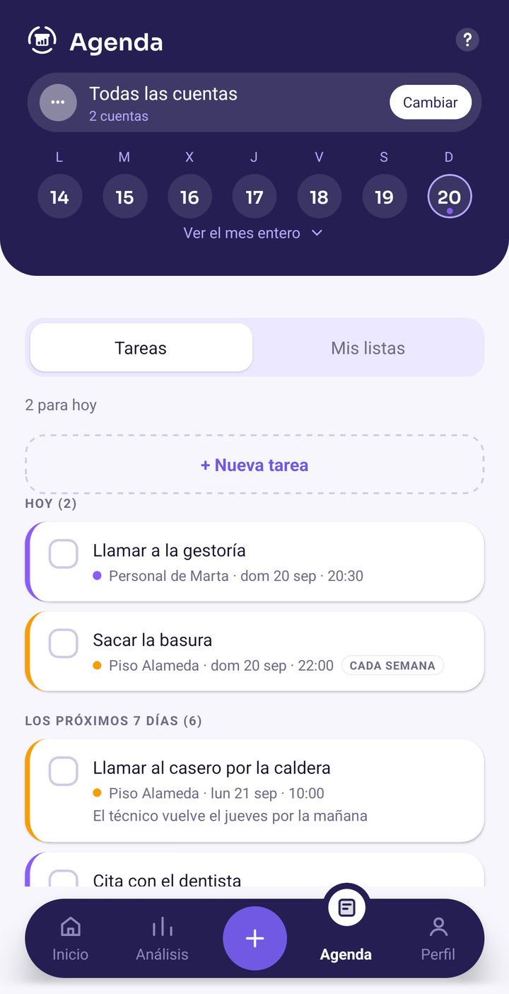 Pestaña Agenda de HAVIA con las tareas de hoy y las de los
          próximos siete días, cada una con su color, su cuenta y su hora