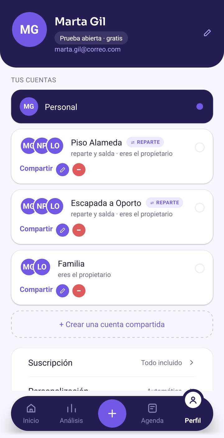 Perfil de HAVIA con la cuenta personal y tres compartidas: Piso
        Alameda y Escapada a Oporto, que reparten, y Familia