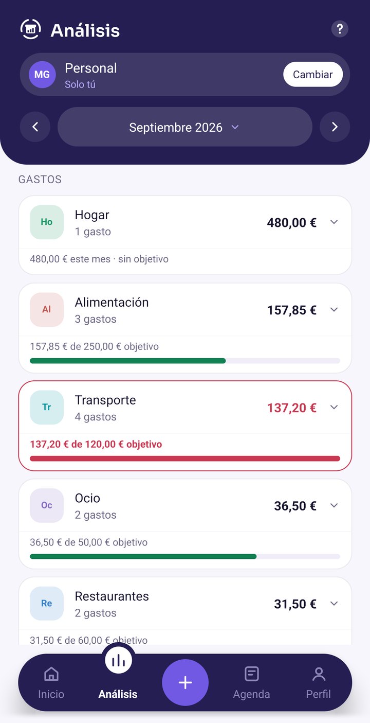 Detalle de Análisis con el objetivo mensual de cada categoría y
          una en rojo por haberse pasado