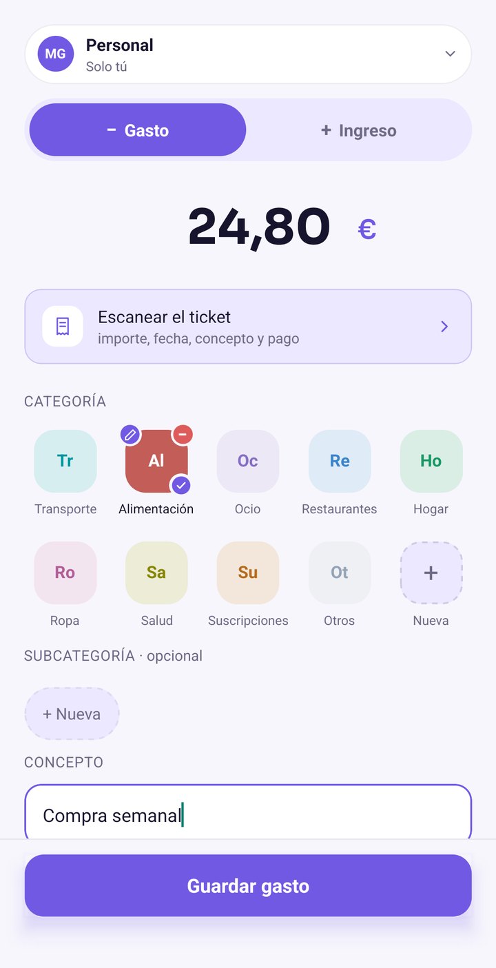Hoja de registrar un gasto en HAVIA, con el importe, el acceso a
        escanear el ticket, las categorías y el concepto